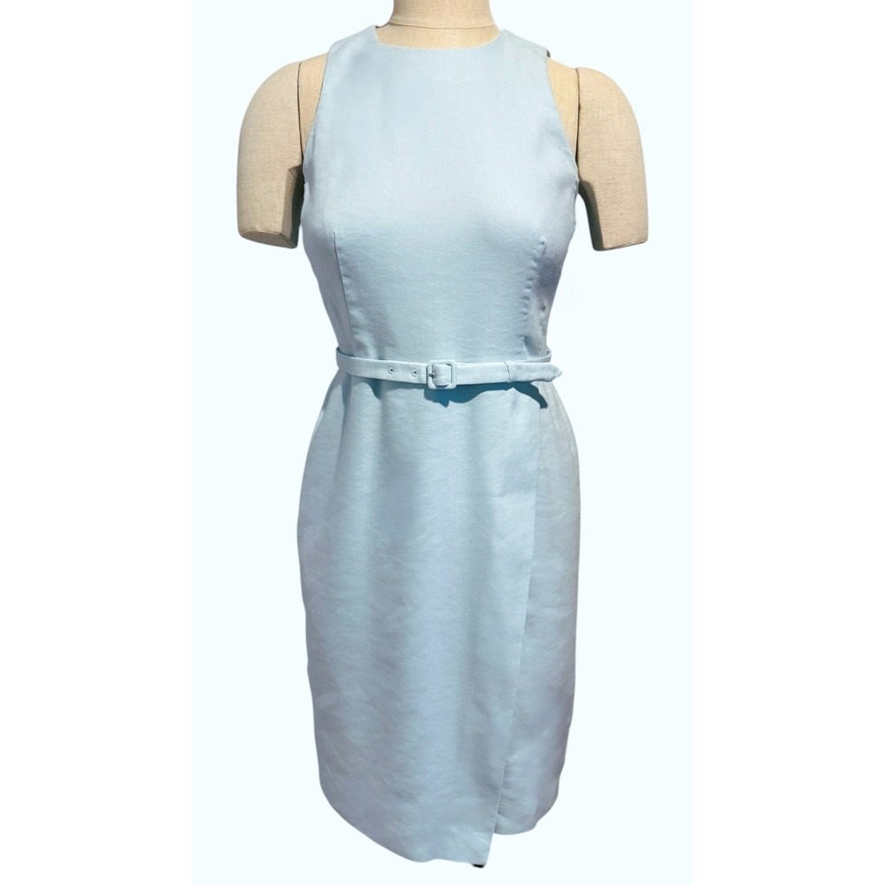 Anne Taylor Sz 2P Petite Blue Linen Blend Sheath Dress Belted Sleeveless Summer